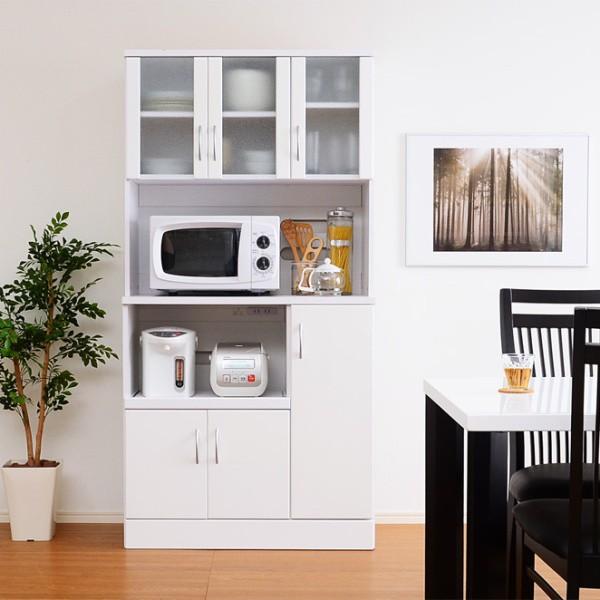 鏡面仕上げ レンジ台食器棚 幅90cm スライドトレー収納 コンセント 棚 キッチンボード キッチンラック 台所収納