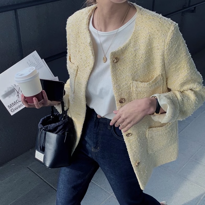 アウター コート ジャケット 上着 袖あり 長袖 ラウンドネック 襟なし ノーカラー ストレート ワイド ポケット 前開き コンサバ ツイード きれいめ シンプル カジュアル おしゃれ レトロ