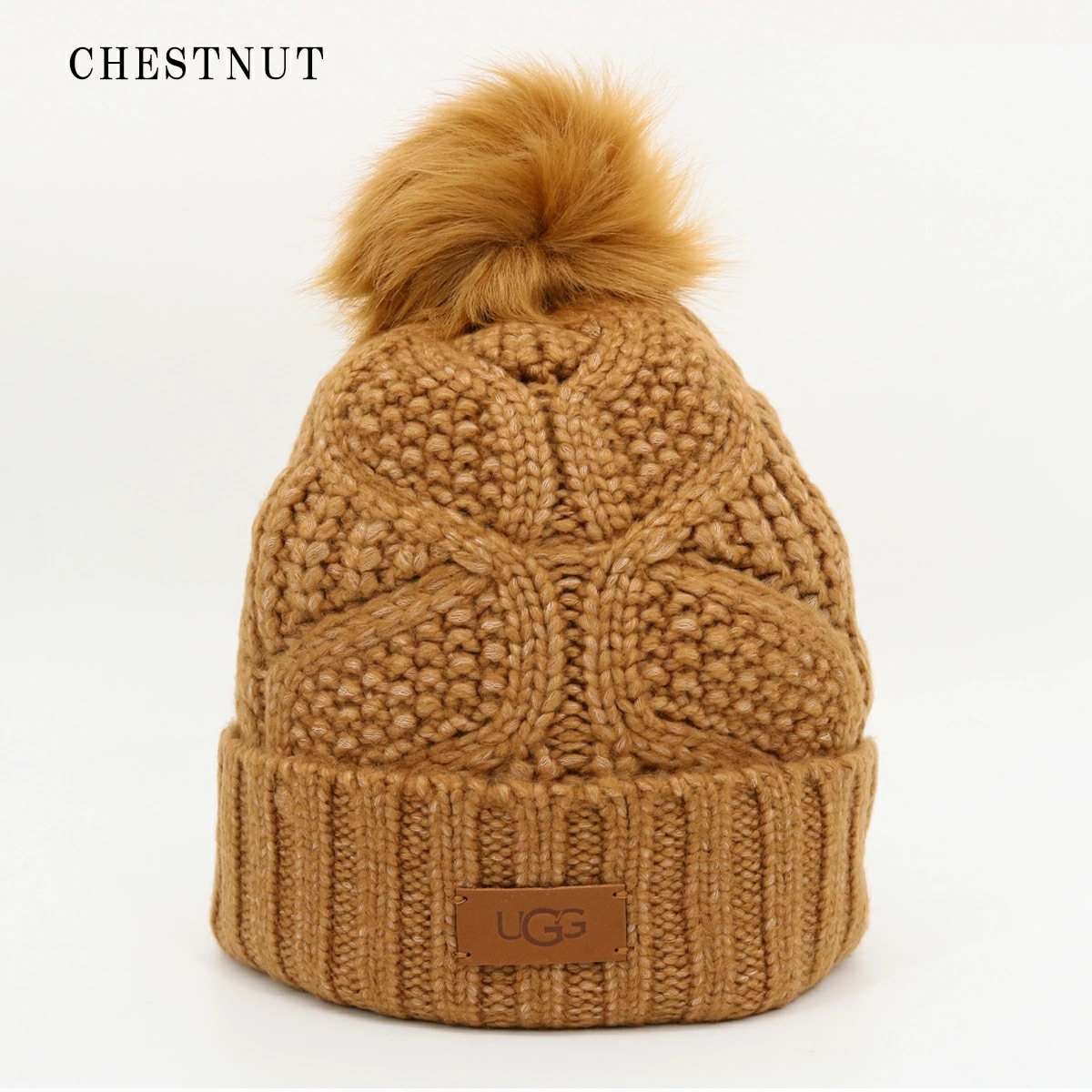 UGG ベージュ ニット帽 ポンポン付き OS/TU ポンポン付きニット帽