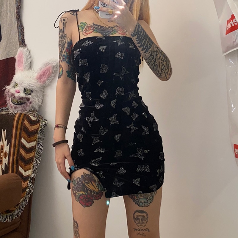 ワンピース キャミソール チューブトップ ミニ ショート サイドスリット タイト ストレート 大人可愛い 個性的 おしゃれ バタフライ 蝶 春 夏 イベントパーティー S L ブラック
