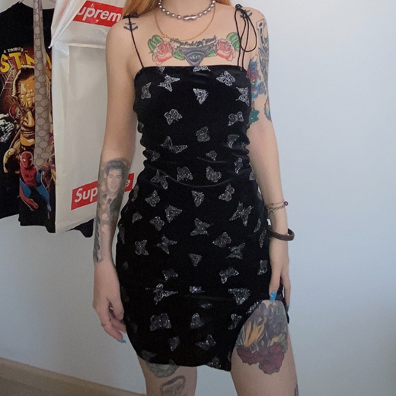 ワンピース キャミソール チューブトップ ミニ ショート サイドスリット タイト ストレート 大人可愛い 個性的 おしゃれ バタフライ 蝶 春 夏 イベントパーティー S L ブラック