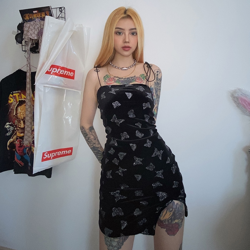 ワンピース キャミソール チューブトップ ミニ ショート サイドスリット タイト ストレート 大人可愛い 個性的 おしゃれ バタフライ 蝶 春 夏 イベントパーティー S L ブラック