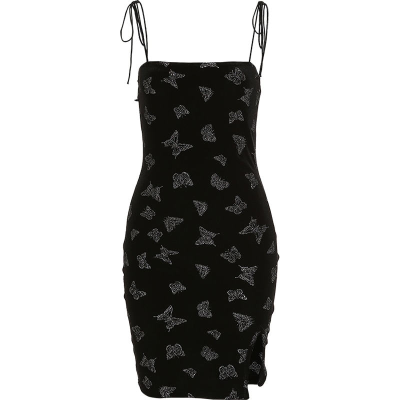 ワンピース キャミソール チューブトップ ミニ ショート サイドスリット タイト ストレート 大人可愛い 個性的 おしゃれ バタフライ 蝶 春 夏 イベントパーティー S L ブラック