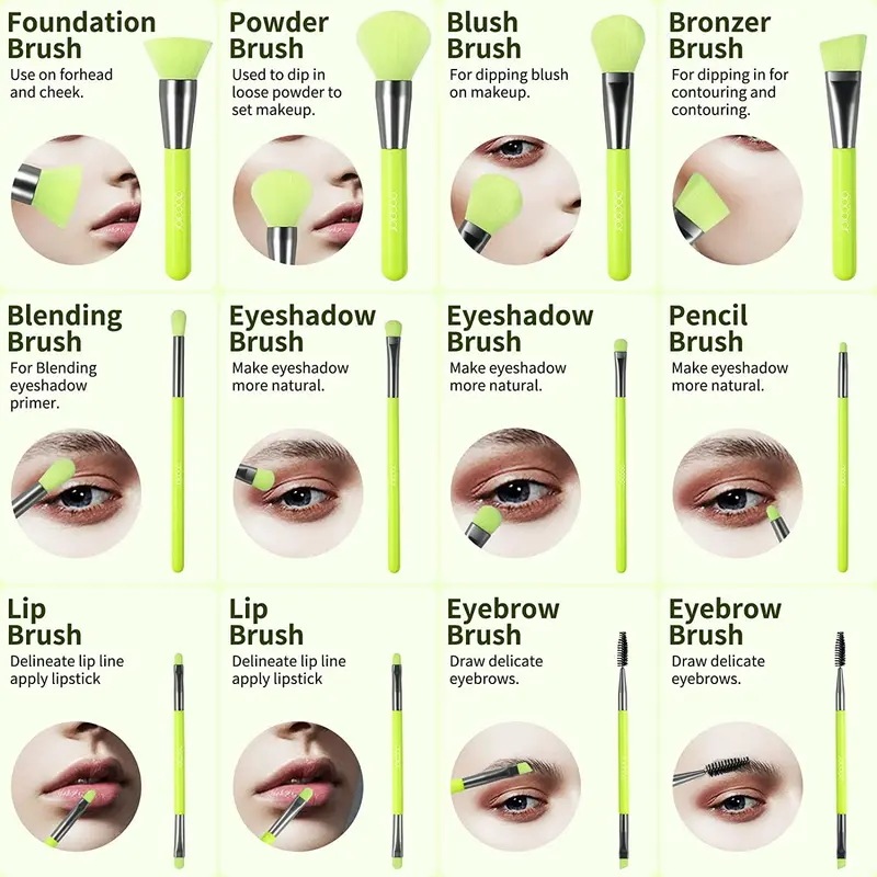 Dodolor-プロのネオングリーンのメイクアップブラシセット,パウダーブラッシュ,コンシーラー,アイシャドウ,化粧ブラシツール