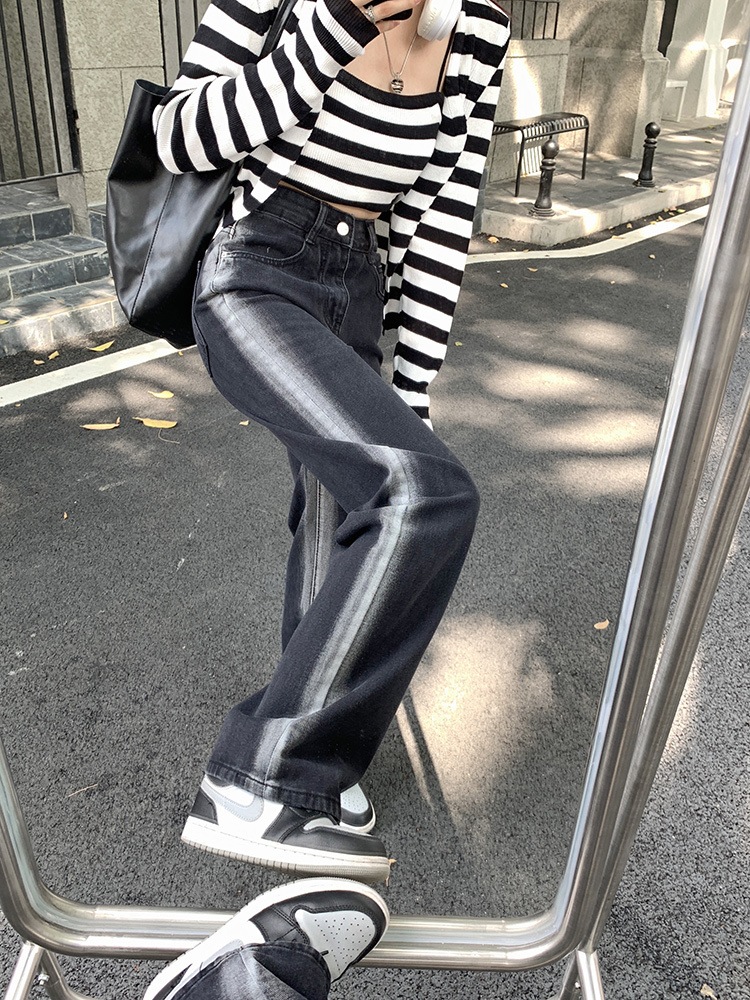 サイドライン ハイウエスト デニムパンツ ボトムス パンツ Gパン ズボン ワイドパンツ ストレートパンツ ロング ロング丈 ストレート ワイド ポケット かわいい 大人可愛い カジュアル 大人