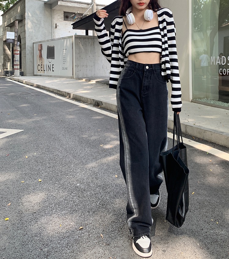 サイドライン ハイウエスト デニムパンツ ボトムス パンツ Gパン ズボン ワイドパンツ ストレートパンツ ロング ロング丈 ストレート ワイド ポケット かわいい 大人可愛い カジュアル 大人