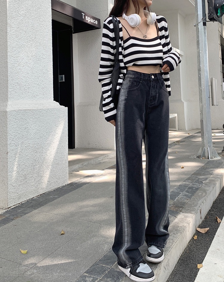 サイドライン ハイウエスト デニムパンツ ボトムス パンツ Gパン ズボン ワイドパンツ ストレートパンツ ロング ロング丈 ストレート ワイド ポケット かわいい 大人可愛い カジュアル 大人