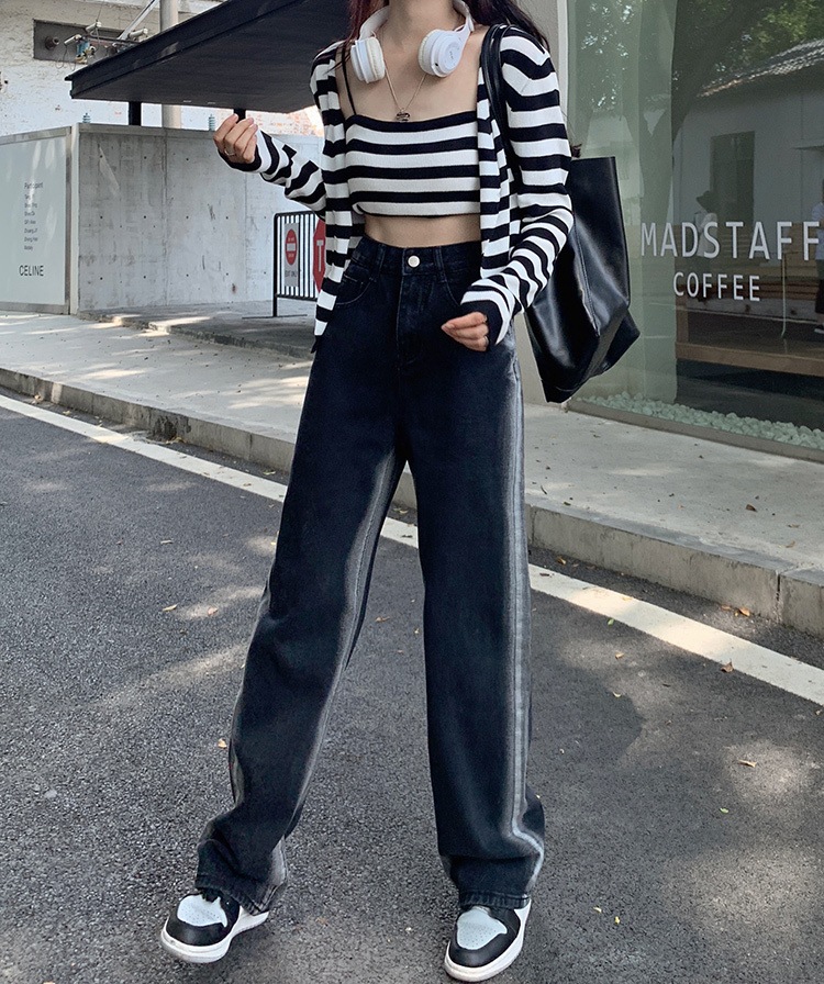 サイドライン ハイウエスト デニムパンツ ボトムス パンツ Gパン ズボン ワイドパンツ ストレートパンツ ロング ロング丈 ストレート ワイド ポケット かわいい 大人可愛い カジュアル 大人