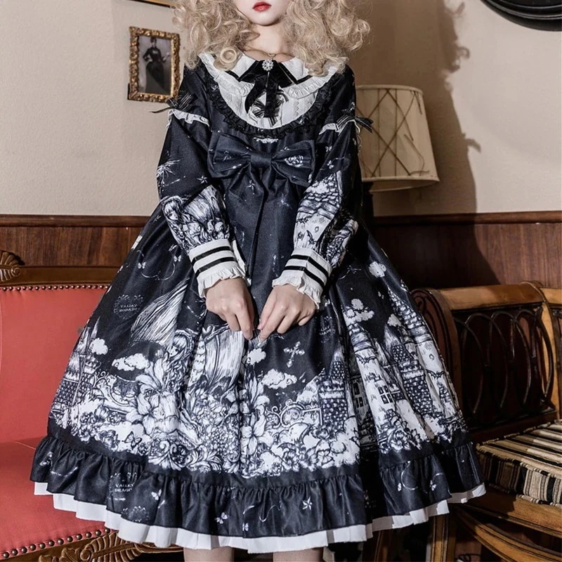 オリジナルダークゴシック風長袖OPワンピースガーリープリンセススカート メイド服 Lolita 二次元 文化祭