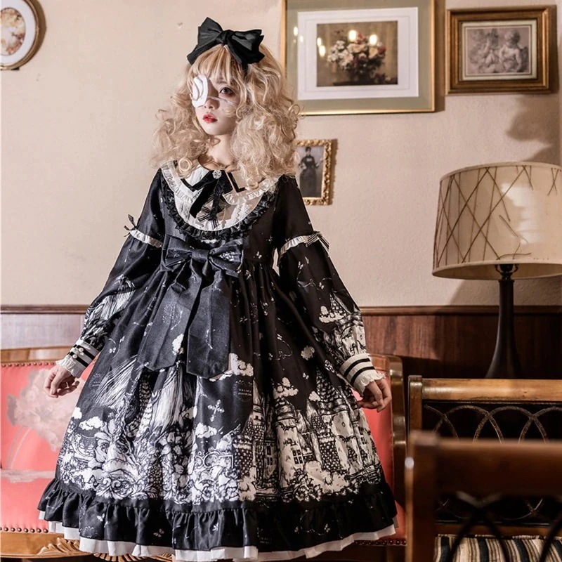 オリジナルダークゴシック風長袖OPワンピースガーリープリンセススカート メイド服 Lolita 二次元 文化祭