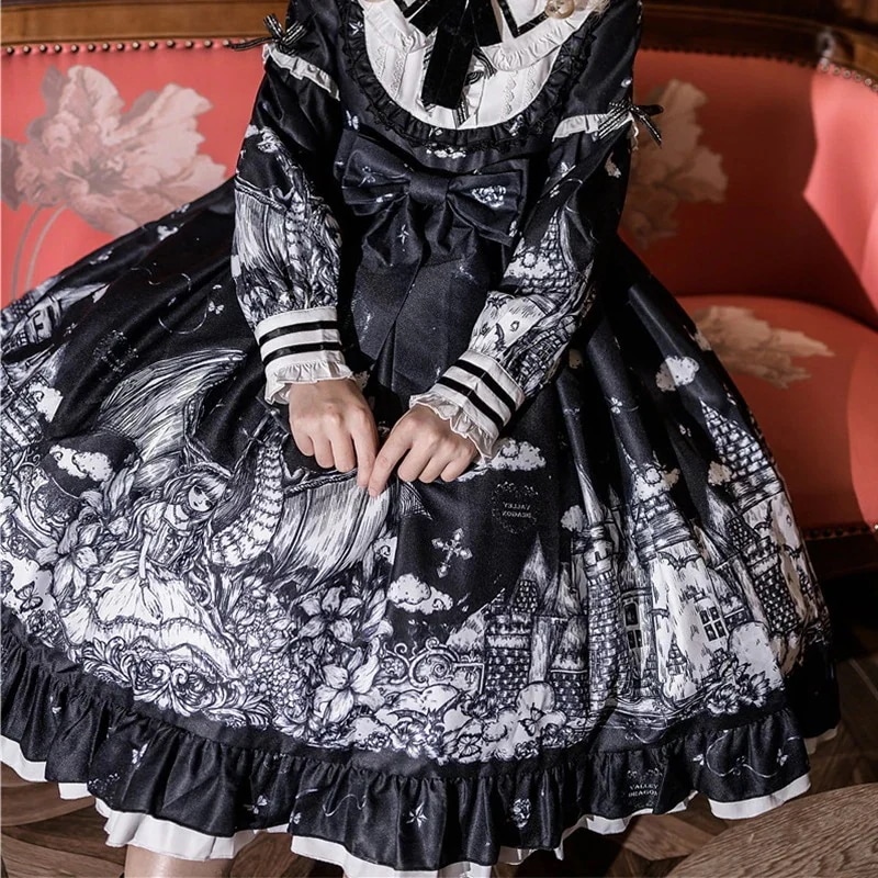 オリジナルダークゴシック風長袖OPワンピースガーリープリンセススカート メイド服 Lolita 二次元 文化祭