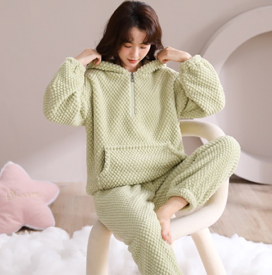 【取寄：納期2週間】ルームウェア レディース パジャマ ホームウェア おうち服 ハーフジップ フード付き シンプル 無地 カンガルーポケット 長袖長ズボン 上下セット 秋冬 ピンク グリーン