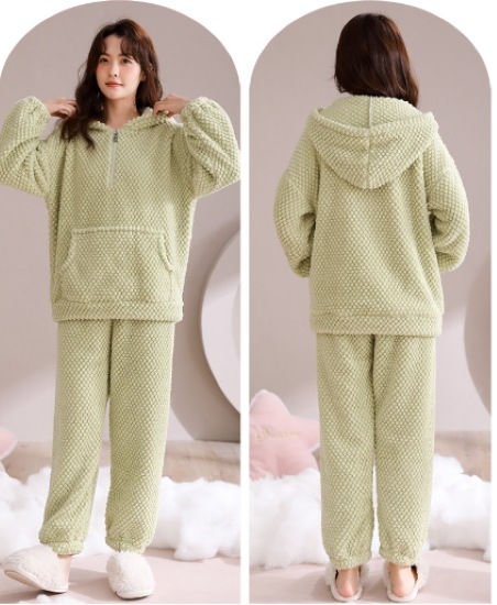 【取寄：納期2週間】ルームウェア レディース パジャマ ホームウェア おうち服 ハーフジップ フード付き シンプル 無地 カンガルーポケット 長袖長ズボン 上下セット 秋冬 ピンク グリーン
