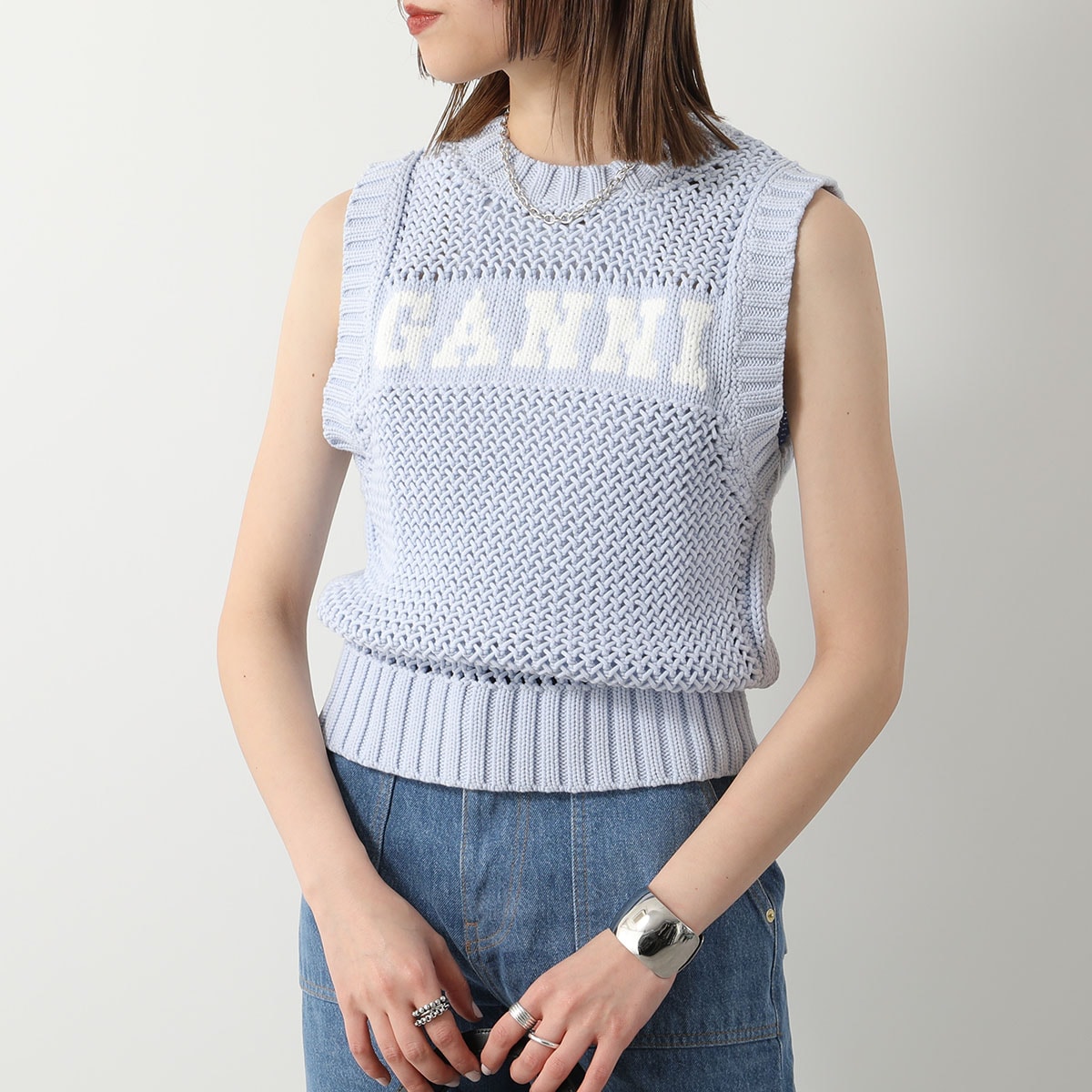 GANNI ガニー ニットベスト Cotton Rope Vest K2047 K2100 2589 レディース ノースリーブ ロゴ プルオーバー クルーネック 【mega】