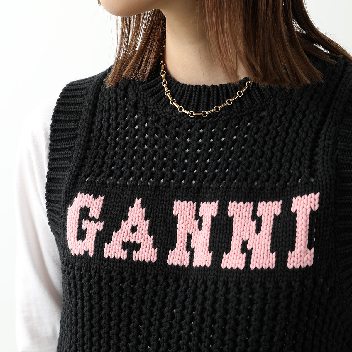 GANNI ガニー ニットベスト Cotton Rope Vest K2047 K2100 2589 レディース ノースリーブ ロゴ プルオーバー クルーネック 【mega】