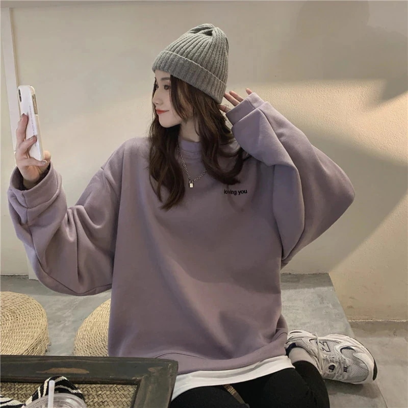 ベーシックニット パープルのクルーネックコート婦人服ダウンプラス厚手オーバーサイズゆったりけだるい風トップスEC449_3