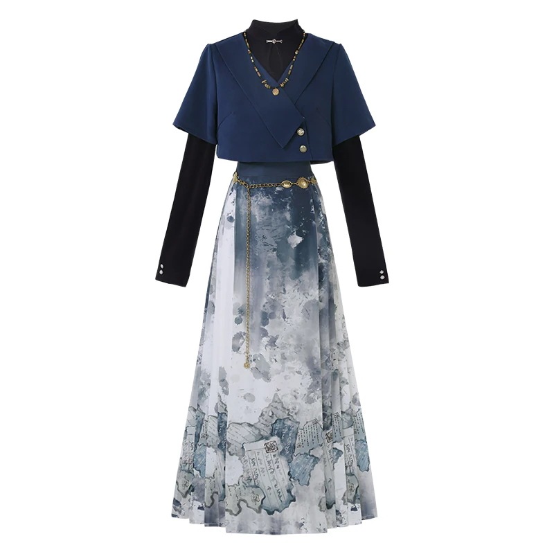 【フルセット】本は新しい韓国改良cos服水墨書道馬スカート女性秋を引きます