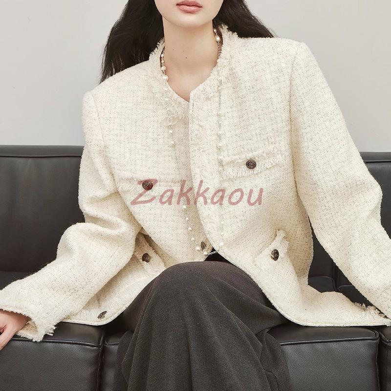 ツイードジャケット 丸首 ノーカラー レディース アウター 羽織り コート オフィス 通勤 L フォーマル ノーカラージャケット カーディガン きれいめ