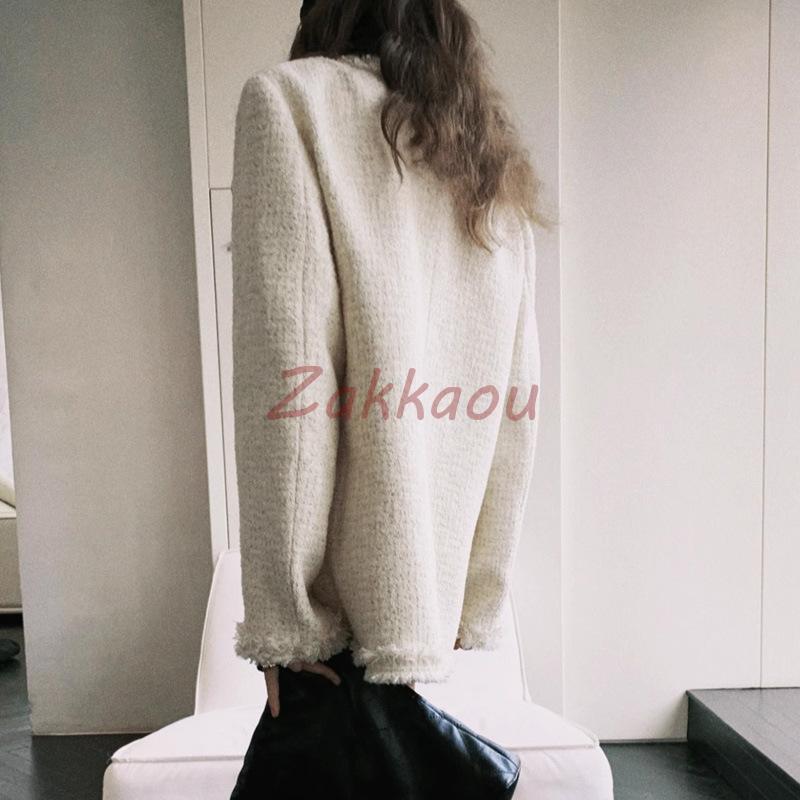 ツイードジャケット 丸首 ノーカラー レディース アウター 羽織り コート オフィス 通勤 L フォーマル ノーカラージャケット カーディガン きれいめ