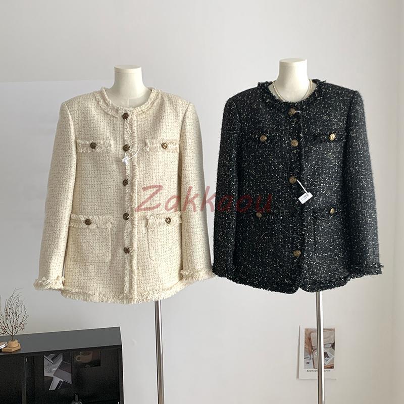 ツイードジャケット 丸首 ノーカラー レディース アウター 羽織り コート オフィス 通勤 L フォーマル ノーカラージャケット カーディガン きれいめ