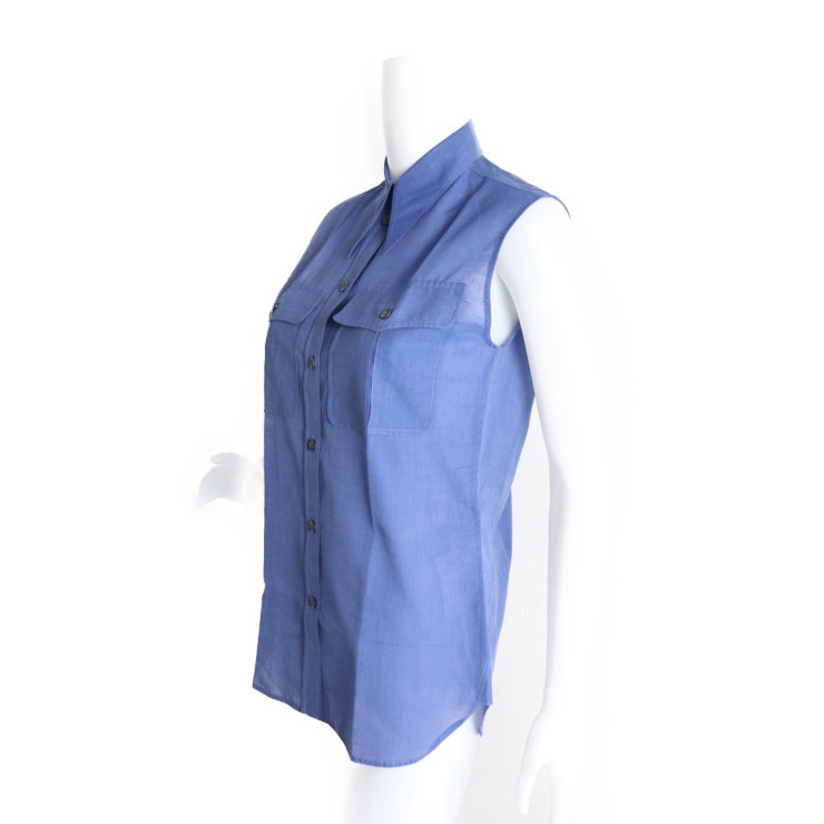 新品未使用展示品 HERMES エルメス ブラウス - アパレル 表記サイズ 34 コットン ブルー ノースリーブ 本物保証 中古