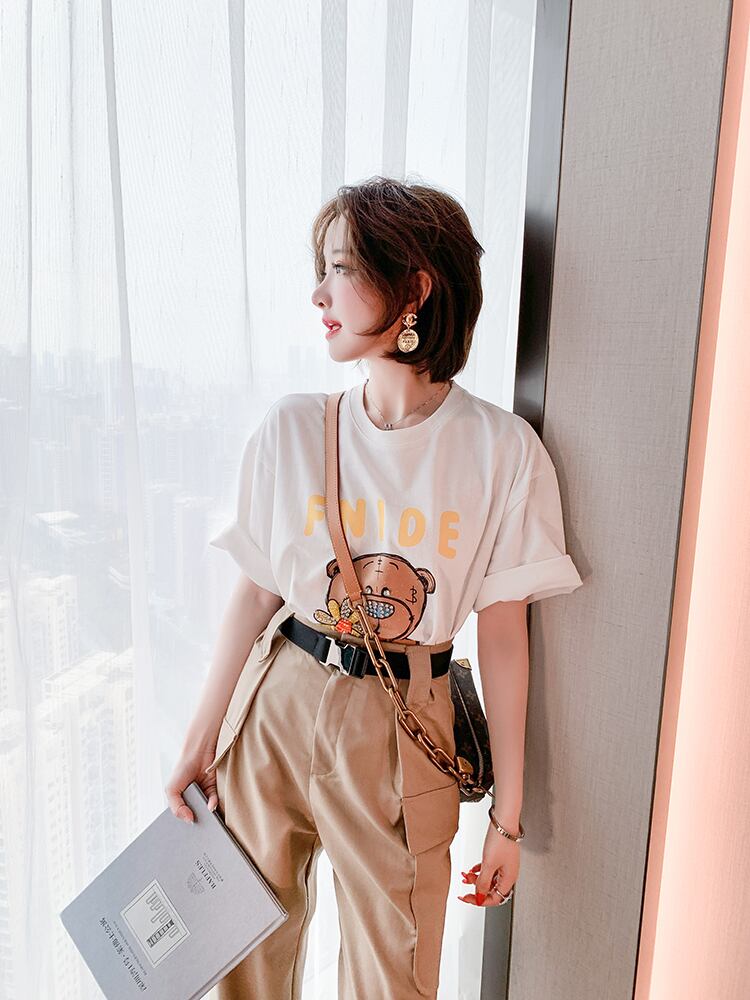 トップス カットソー Tシャツ ロング丈 ロンT くま柄 動物柄 キャラクター ラウンドネック