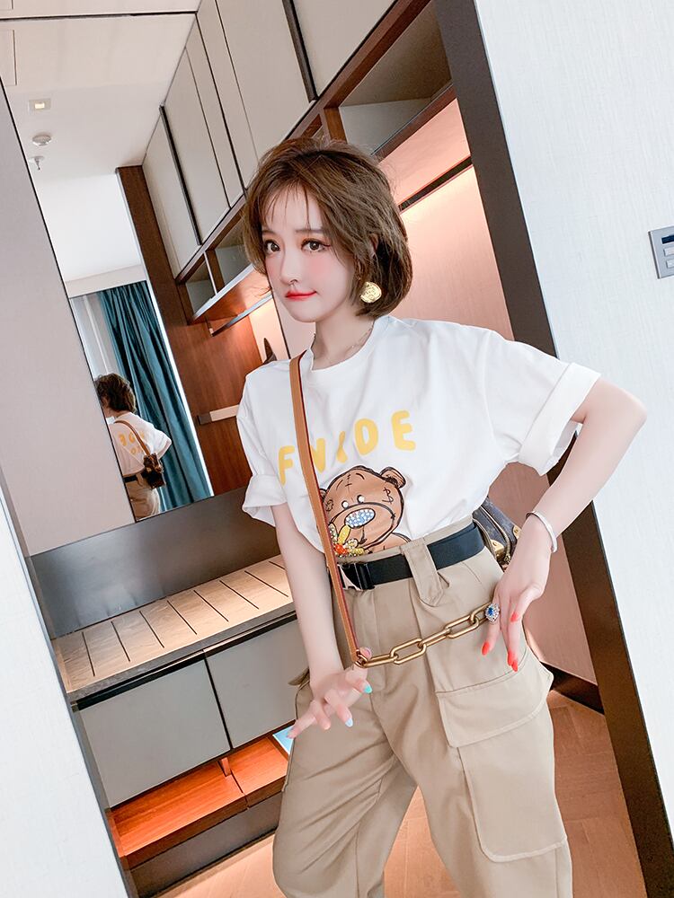 トップス カットソー Tシャツ ロング丈 ロンT くま柄 動物柄 キャラクター ラウンドネック