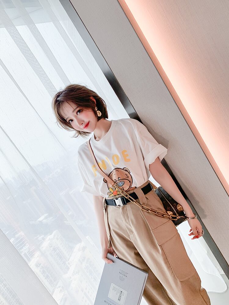 トップス カットソー Tシャツ ロング丈 ロンT くま柄 動物柄 キャラクター ラウンドネック