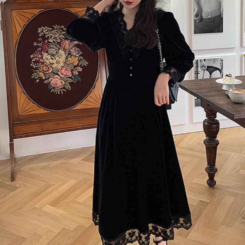 ワンピース 膝下 ミモレ丈 袖あり 長袖 Vネック Aライン レース 大人可愛い きれいめ シンプル カジュアル 大人 上品 おしゃれ レトロ 大人女子 セクシー 無地 春 夏 10代 20代 30代 40代 ワンピース 膝下 ミモレ丈 袖あり 長袖 Vネック Aライン レース 大人