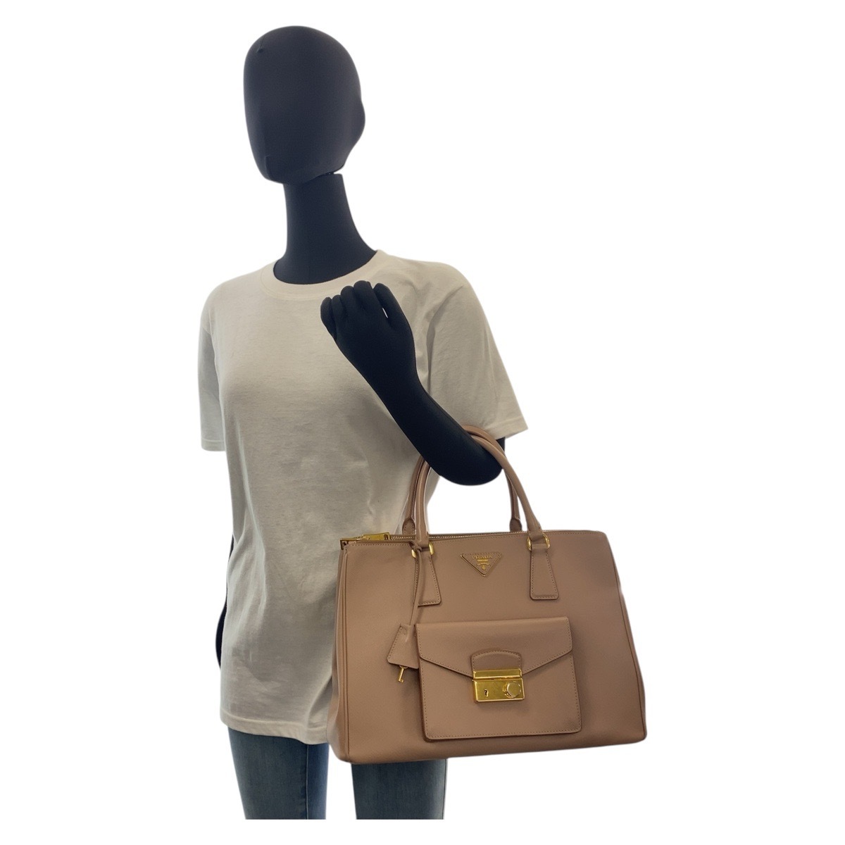 美品 サフィアーノ 三角ロゴプレート ベージュ ゴールド金具 レザー トートバッグ ハンドバッグ ショルダーバッグ 2way レディース 501293