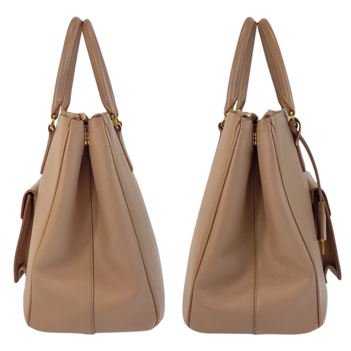 美品 サフィアーノ 三角ロゴプレート ベージュ ゴールド金具 レザー トートバッグ ハンドバッグ ショルダーバッグ 2way レディース 501293