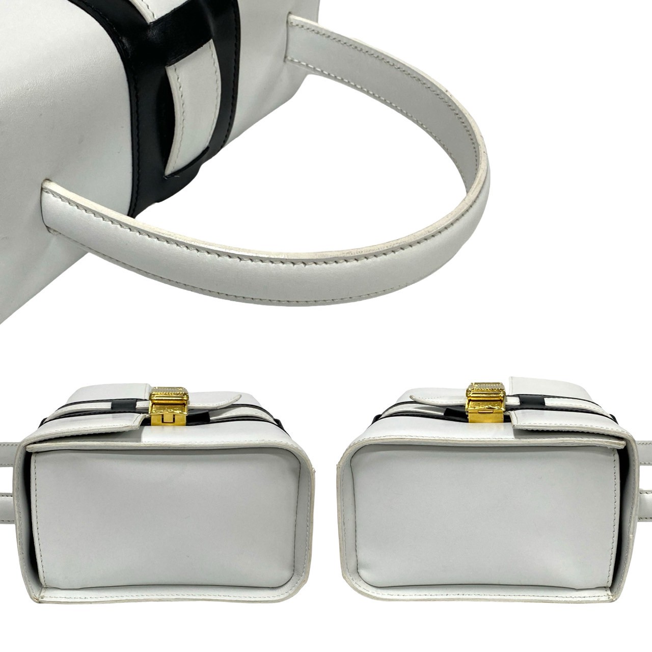 ヴィンテージ ロゴ リボン金具ハンドバッグ レザー ホワイト 38242 ヴィンテージ ロゴ リボン金具ハンドバッグ レザー ホワイト 38242