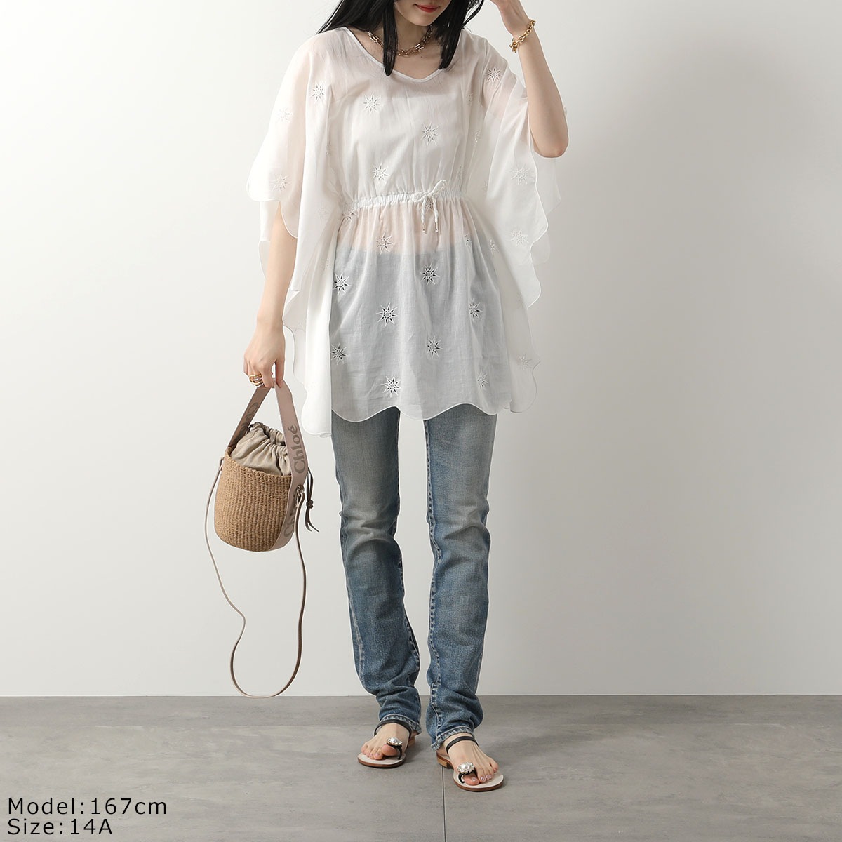 Chloe KIDS クロエ キッズ ブラウス C20062 レディース ガールズ 半袖 コットン Vネック 刺繍 スター 星 117/OFF-WHITE