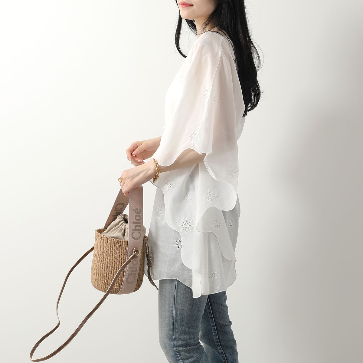 Chloe KIDS クロエ キッズ ブラウス C20062 レディース ガールズ 半袖 コットン Vネック 刺繍 スター 星 117/OFF-WHITE