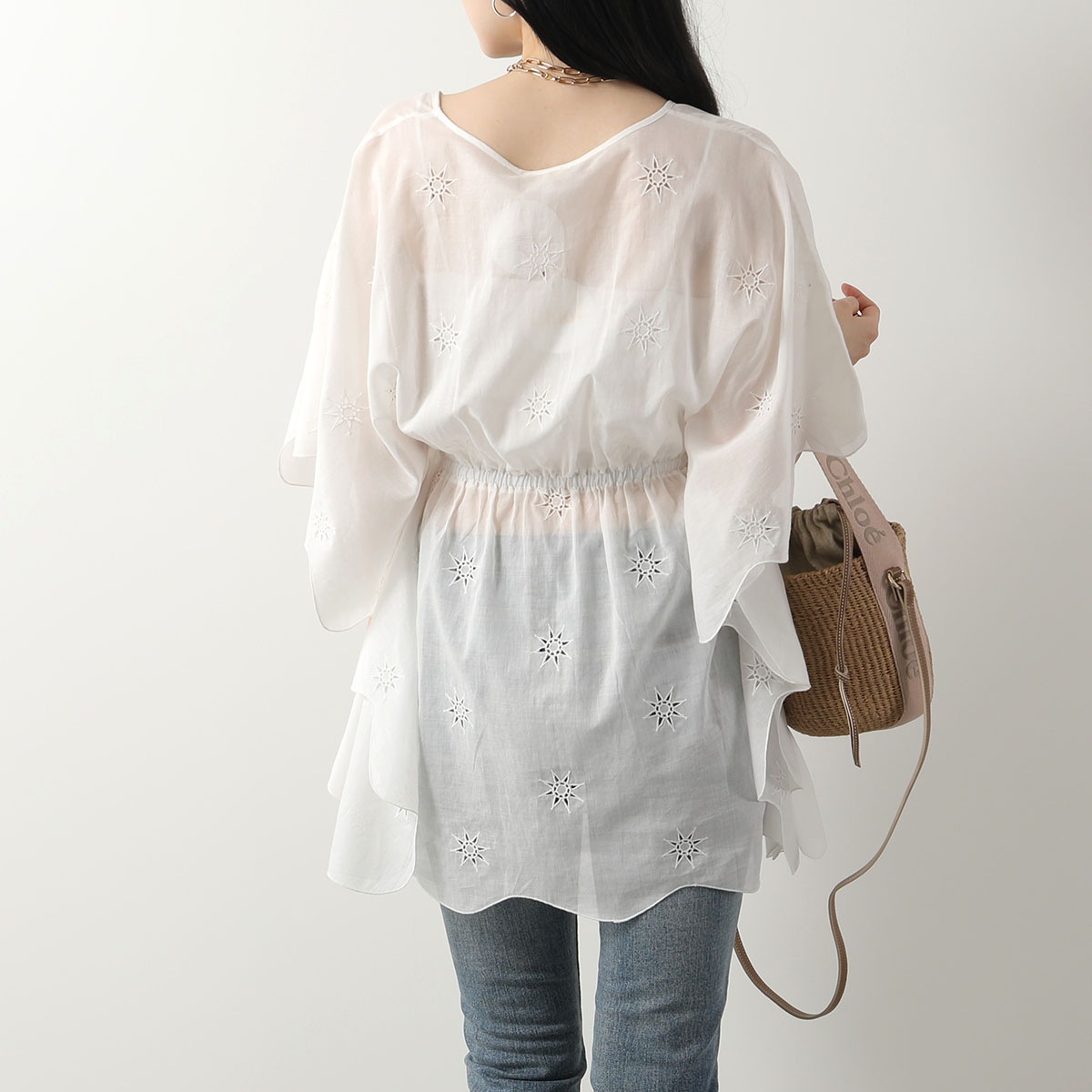 Chloe KIDS クロエ キッズ ブラウス C20062 レディース ガールズ 半袖 コットン Vネック 刺繍 スター 星 117/OFF-WHITE