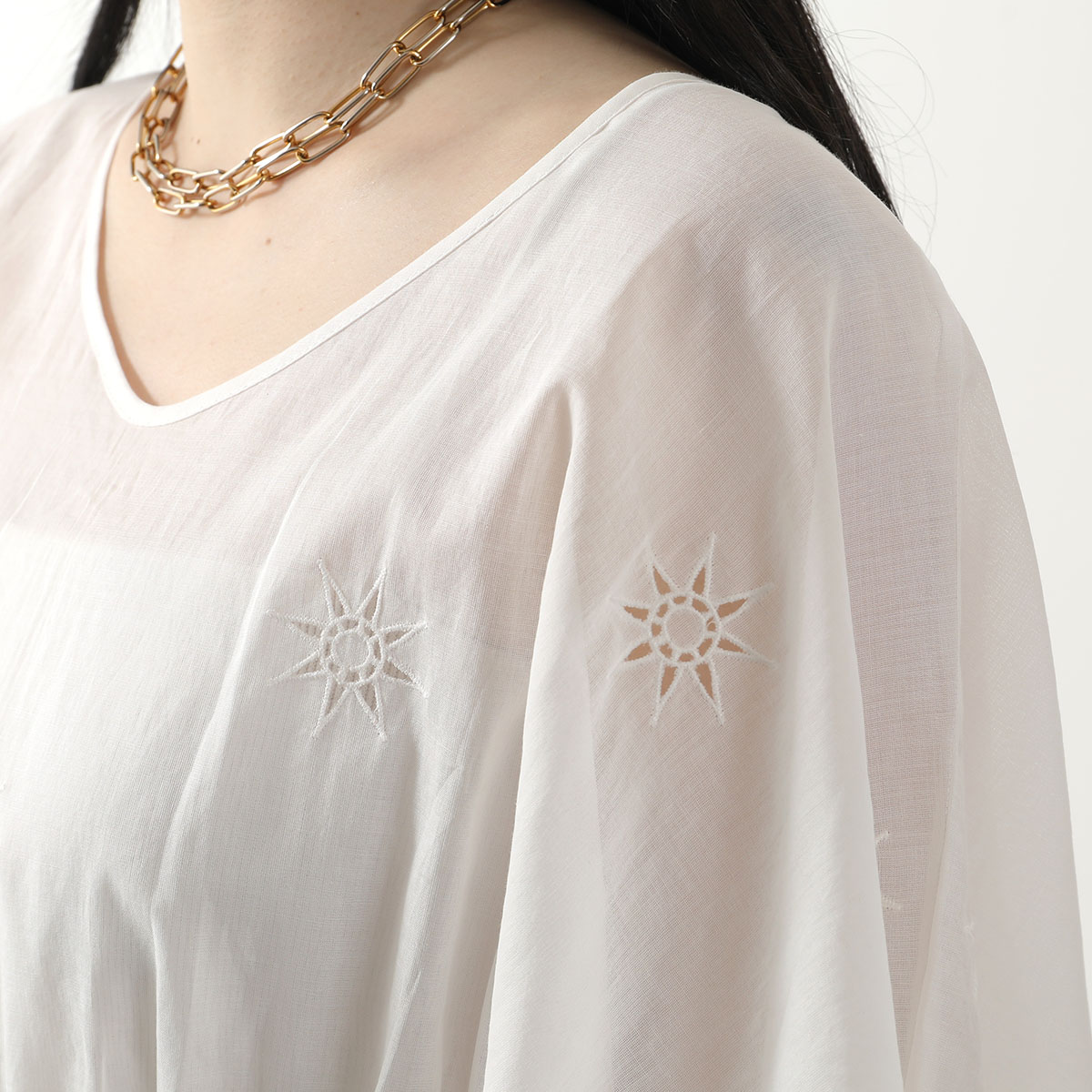 Chloe KIDS クロエ キッズ ブラウス C20062 レディース ガールズ 半袖 コットン Vネック 刺繍 スター 星 117/OFF-WHITE