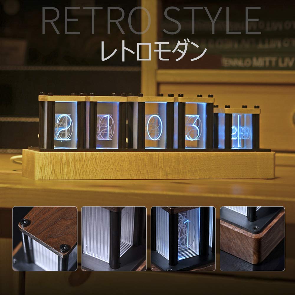 RISEN ニキシー管風置き時計 レトロモダン木製クロック 1600万色 RGBフルカラーLEDデジタル DIY卓上時計インテリア (ブラックウォールナット)