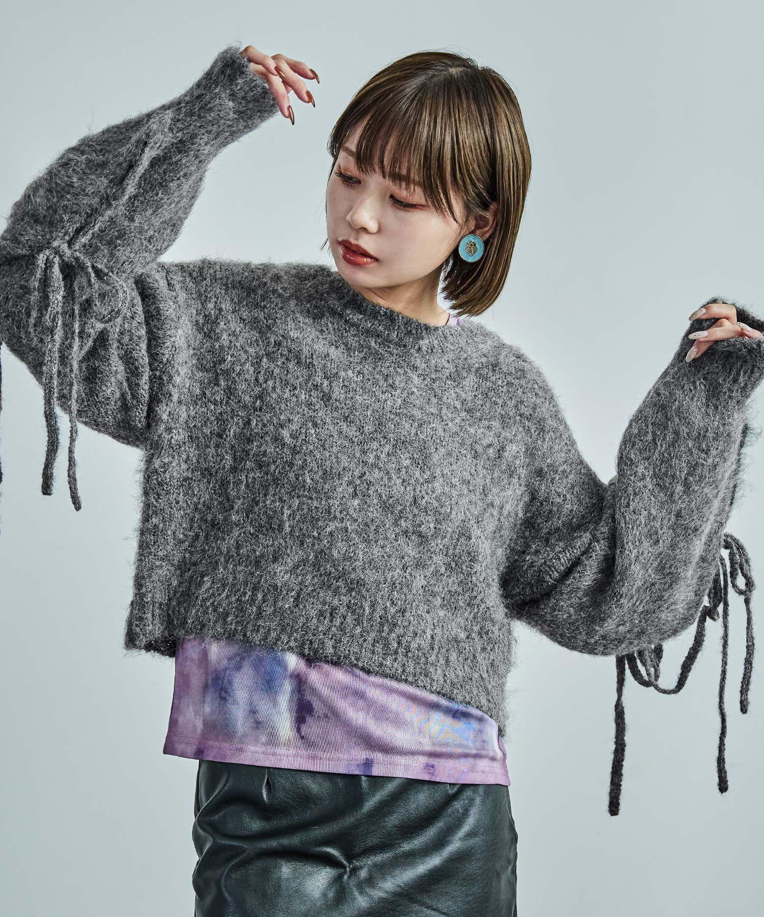 畦編みリボンスリーブ クロップド丈 シャギーミックスニット セーター トップス レディース シャギーニット ミックスカラー ボリューム袖 カジュアル 短め ゆったり