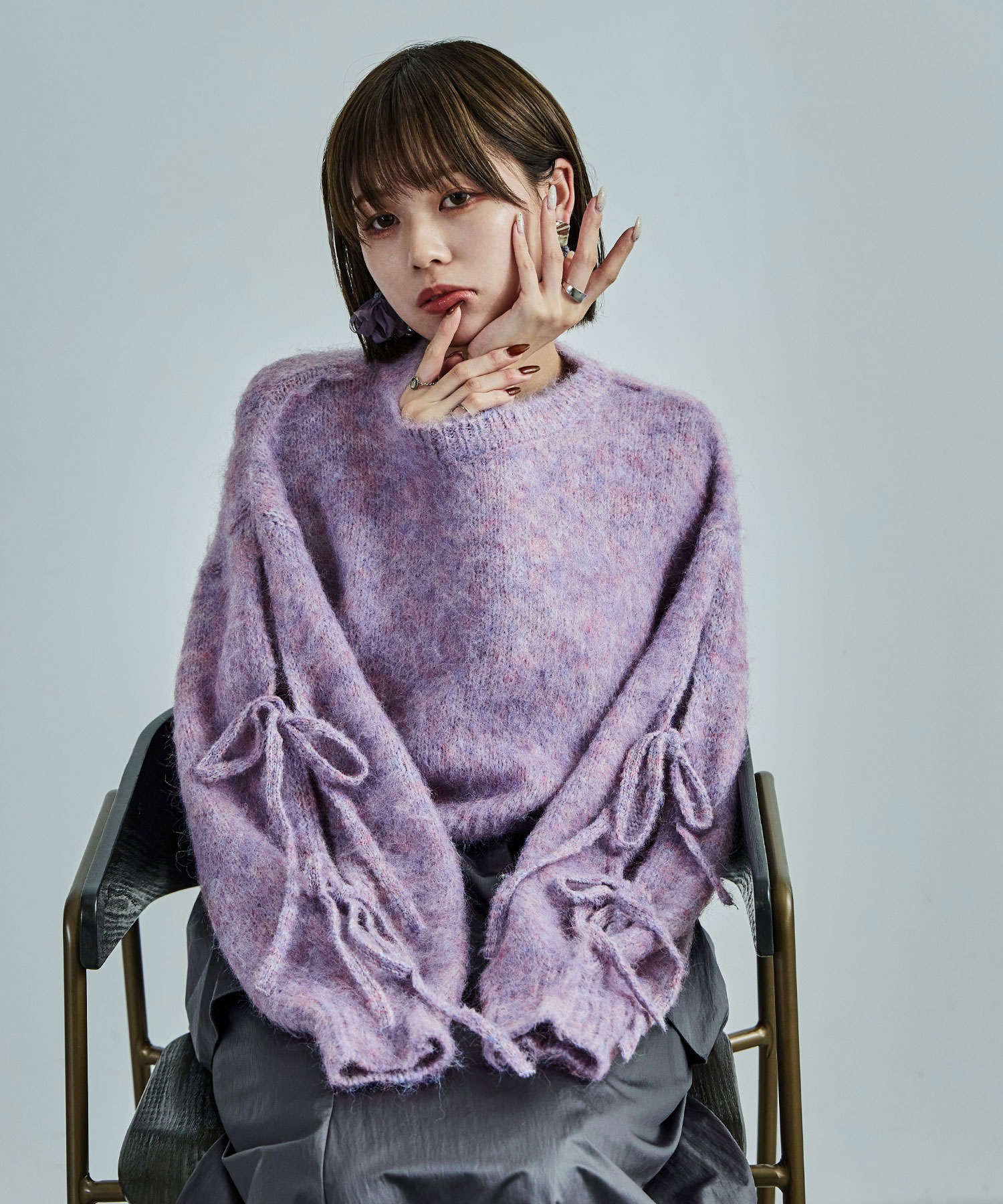 畦編みリボンスリーブ クロップド丈 シャギーミックスニット セーター トップス レディース シャギーニット ミックスカラー ボリューム袖 カジュアル 短め ゆったり