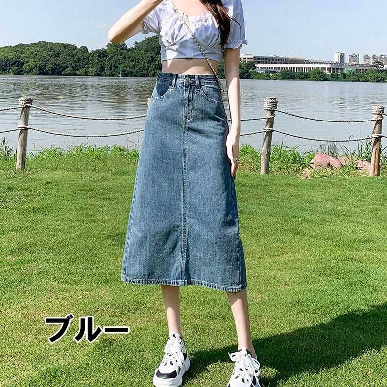 スカート ボトムス ペンシルスカート デニム ブルー ミモレ丈 ストレート カラーデニム バックスリット ワントーン 大人女子 カジュアル セクシー HIPHOP スポーティー お洒落 おしゃれ lb