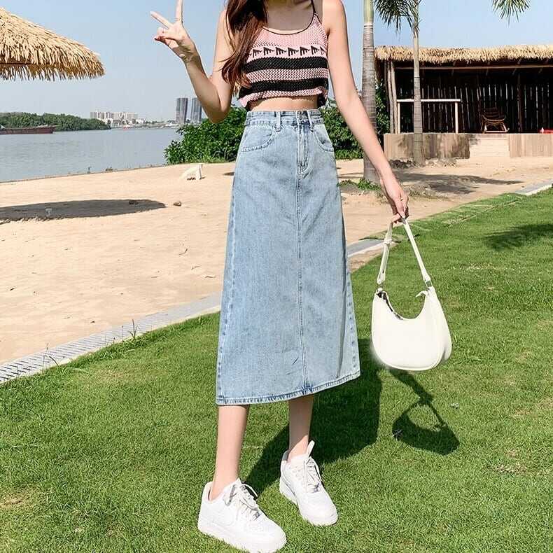 スカート ボトムス ペンシルスカート デニム ブルー ミモレ丈 ストレート カラーデニム バックスリット ワントーン 大人女子 カジュアル セクシー HIPHOP スポーティー お洒落 おしゃれ lb
