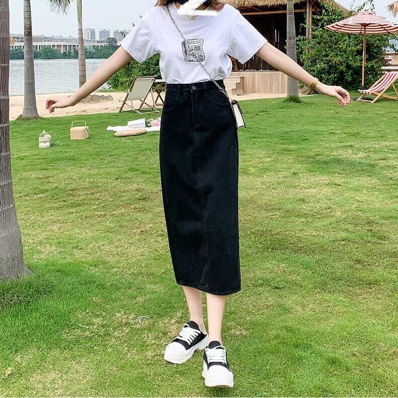 スカート ボトムス ペンシルスカート デニム ブルー ミモレ丈 ストレート カラーデニム バックスリット ワントーン 大人女子 カジュアル セクシー HIPHOP スポーティー お洒落 おしゃれ lb