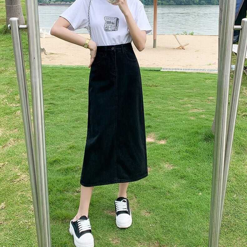 スカート ボトムス ペンシルスカート デニム ブルー ミモレ丈 ストレート カラーデニム バックスリット ワントーン 大人女子 カジュアル セクシー HIPHOP スポーティー お洒落 おしゃれ lb
