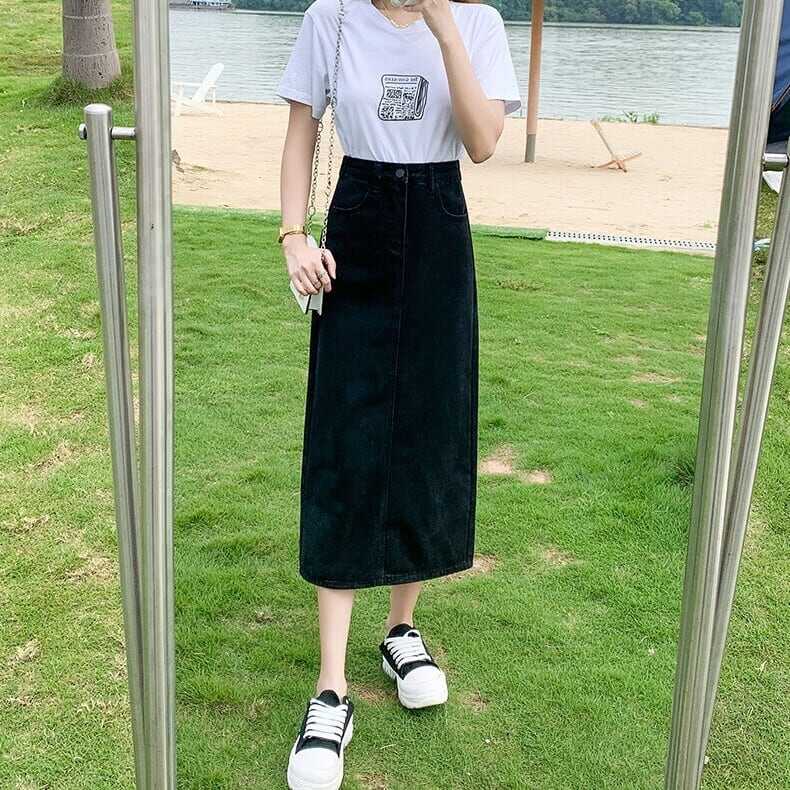 スカート ボトムス ペンシルスカート デニム ブルー ミモレ丈 ストレート カラーデニム バックスリット ワントーン 大人女子 カジュアル セクシー HIPHOP スポーティー お洒落 おしゃれ lb