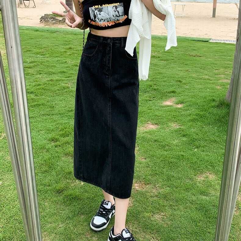 スカート ボトムス ペンシルスカート デニム ブルー ミモレ丈 ストレート カラーデニム バックスリット ワントーン 大人女子 カジュアル セクシー HIPHOP スポーティー お洒落 おしゃれ lb