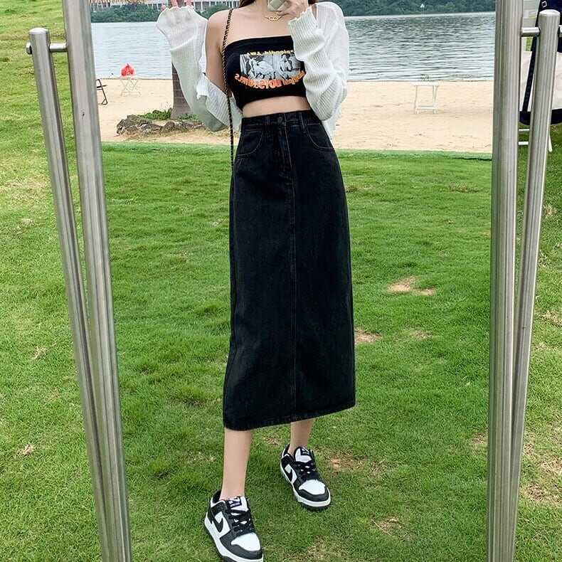 スカート ボトムス ペンシルスカート デニム ブルー ミモレ丈 ストレート カラーデニム バックスリット ワントーン 大人女子 カジュアル セクシー HIPHOP スポーティー お洒落 おしゃれ lb