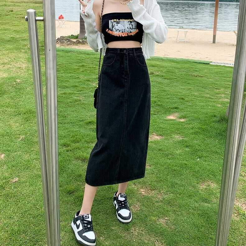 スカート ボトムス ペンシルスカート デニム ブルー ミモレ丈 ストレート カラーデニム バックスリット ワントーン 大人女子 カジュアル セクシー HIPHOP スポーティー お洒落 おしゃれ lb