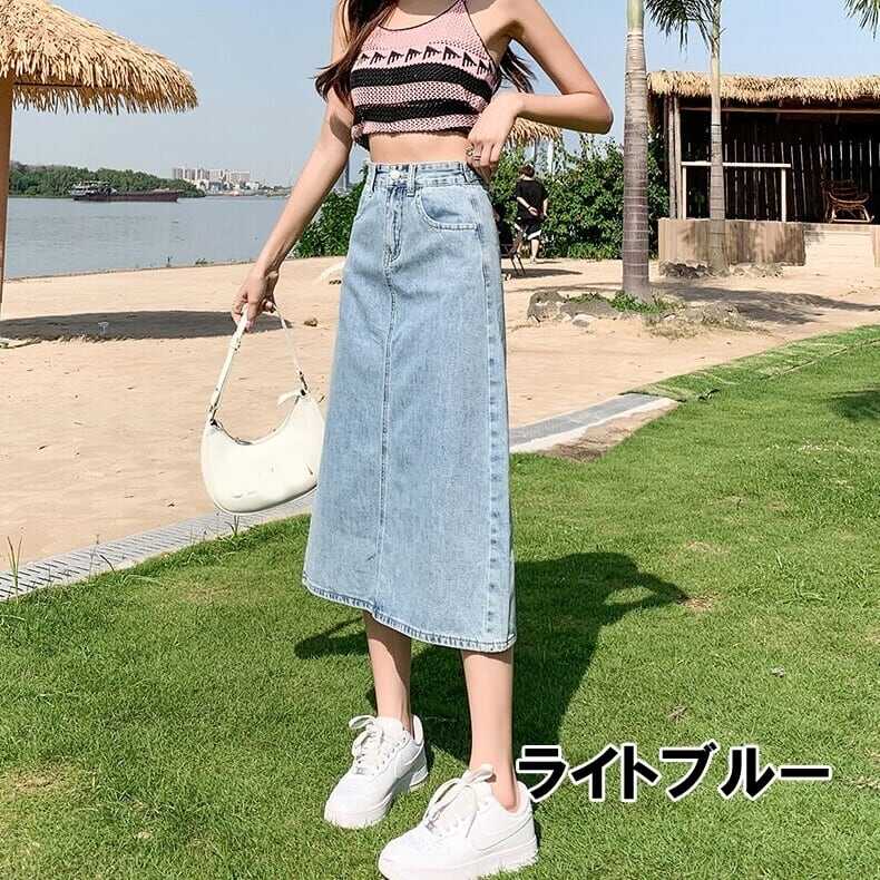 スカート ボトムス ペンシルスカート デニム ブルー ミモレ丈 ストレート カラーデニム バックスリット ワントーン 大人女子 カジュアル セクシー HIPHOP スポーティー お洒落 おしゃれ lb