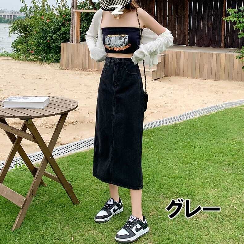 スカート ボトムス ペンシルスカート デニム ブルー ミモレ丈 ストレート カラーデニム バックスリット ワントーン 大人女子 カジュアル セクシー HIPHOP スポーティー お洒落 おしゃれ lb