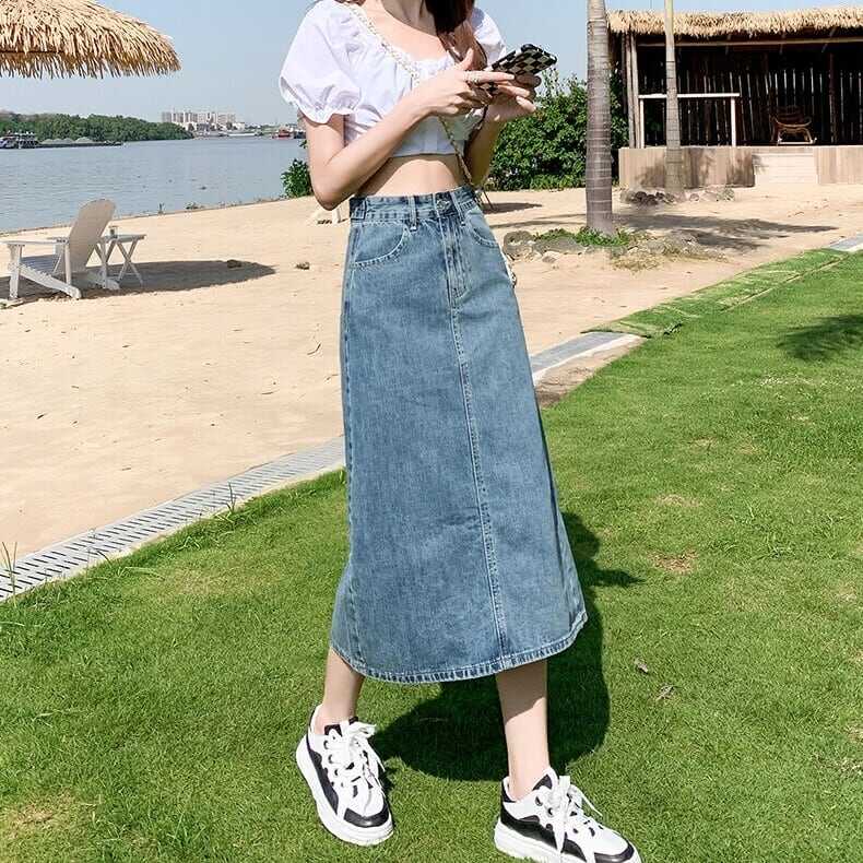 スカート ボトムス ペンシルスカート デニム ブルー ミモレ丈 ストレート カラーデニム バックスリット ワントーン 大人女子 カジュアル セクシー HIPHOP スポーティー お洒落 おしゃれ lb